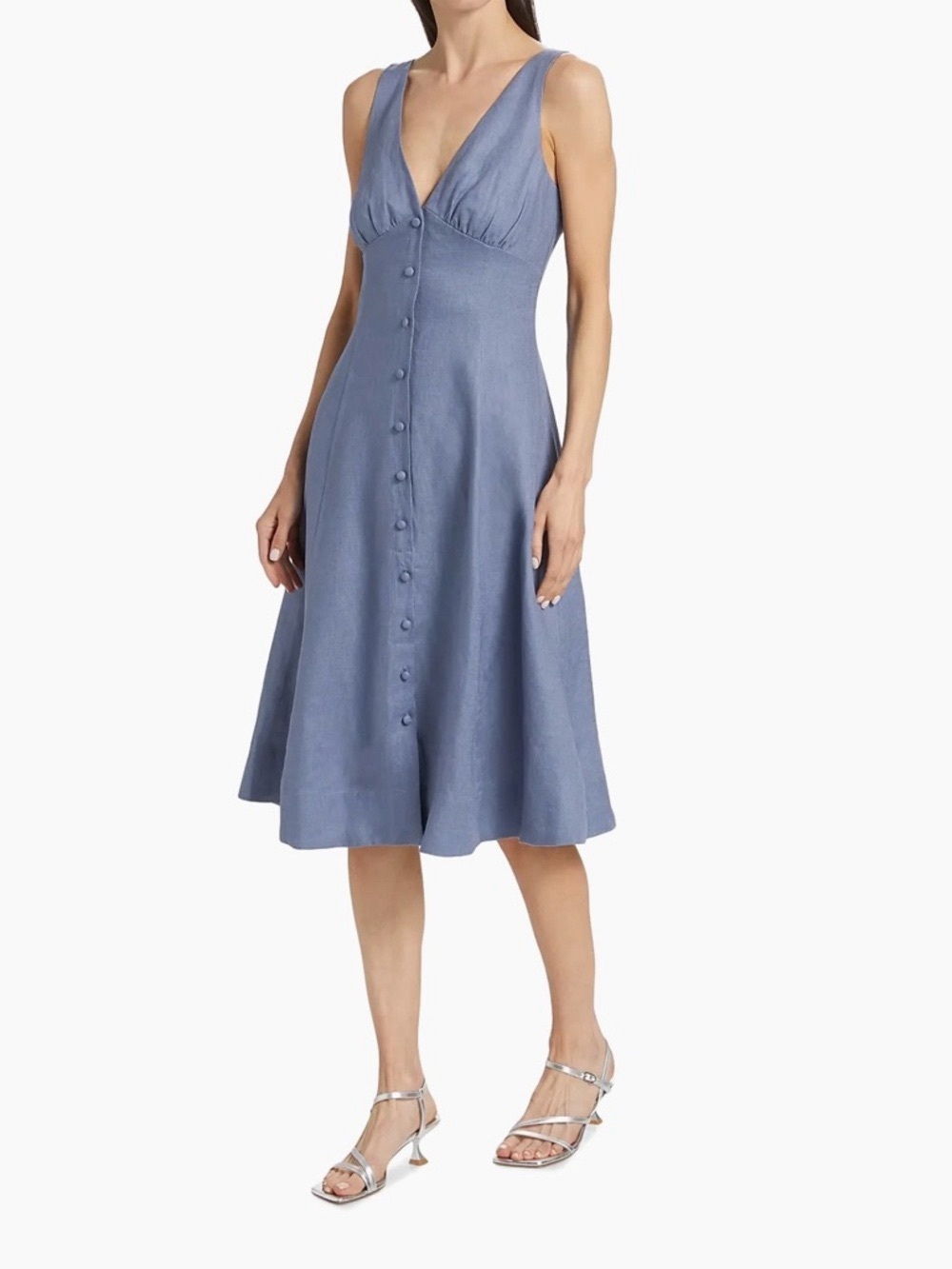 Reformation Dusty Blue V-Neck Button-Front Midi Dress